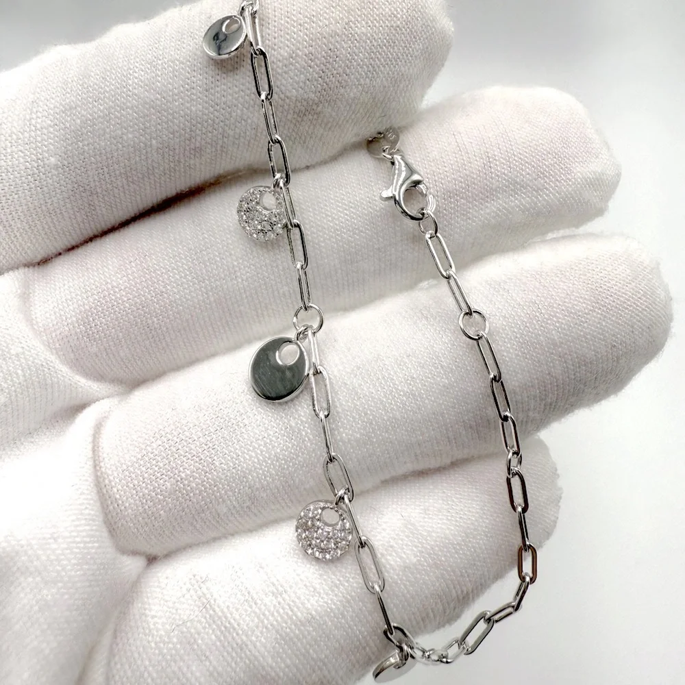 7” .925 Sterling Silver Dangle Cz Circle Charm Bracelet